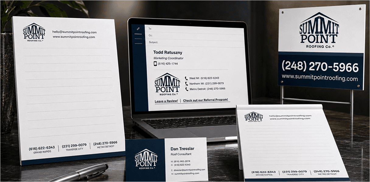 Summit Point Roofing stationery, signage, and branded marketing assets