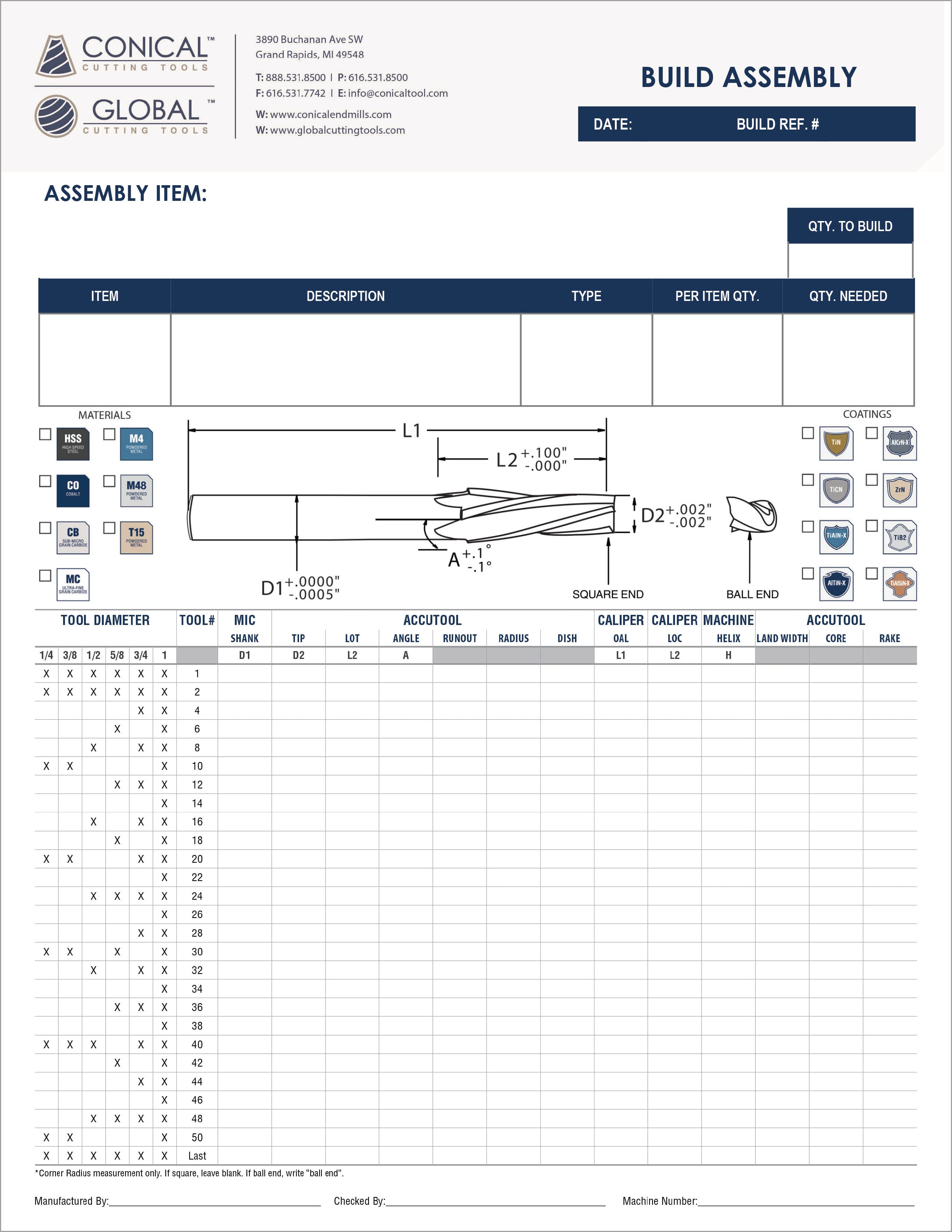 Conical Cutting Tools technical build assembly documentation