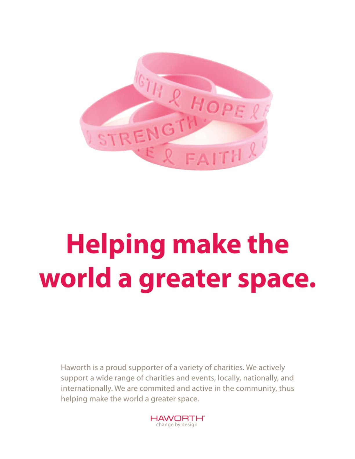 Haworth charitable campaign advertisement featuring awareness wristbands