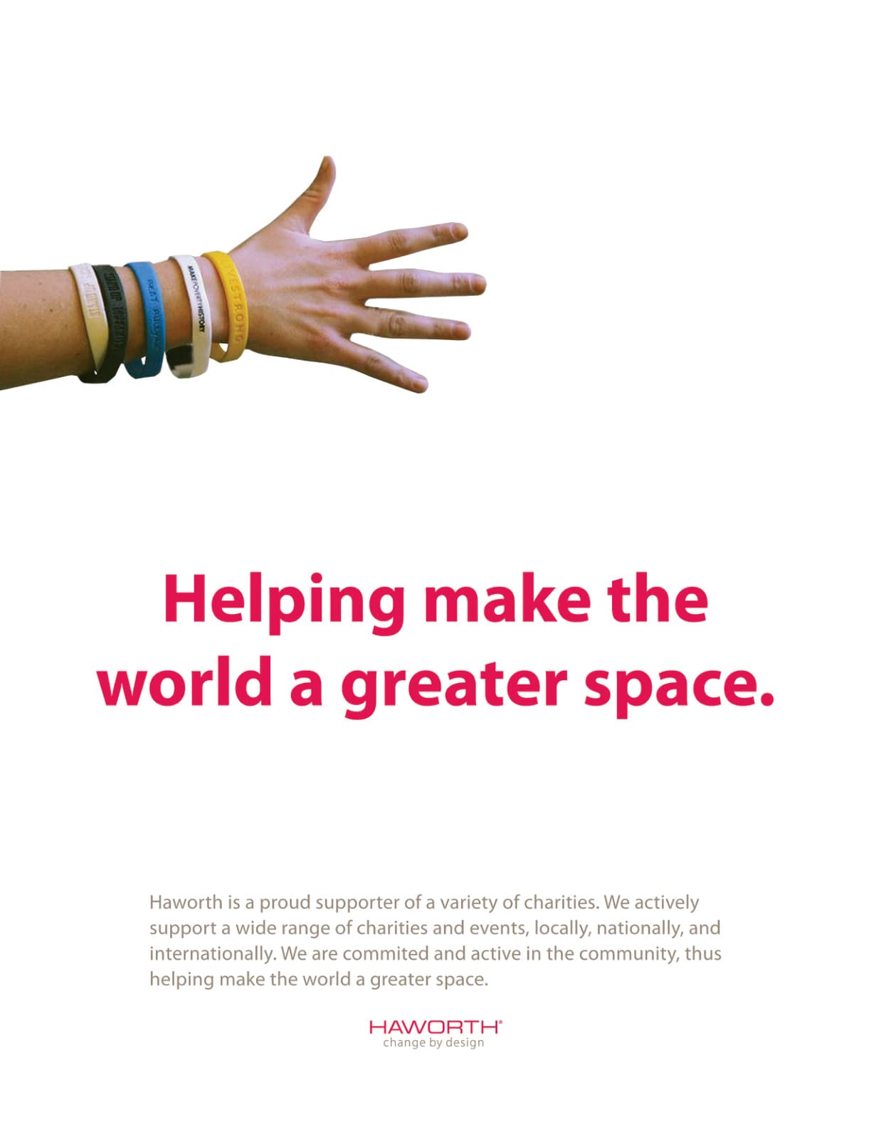 Haworth charitable campaign advertisement featuring cause bracelets