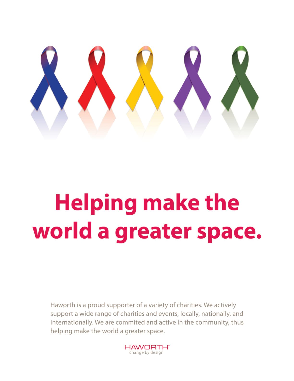 Haworth charitable campaign advertisement featuring awareness ribbons