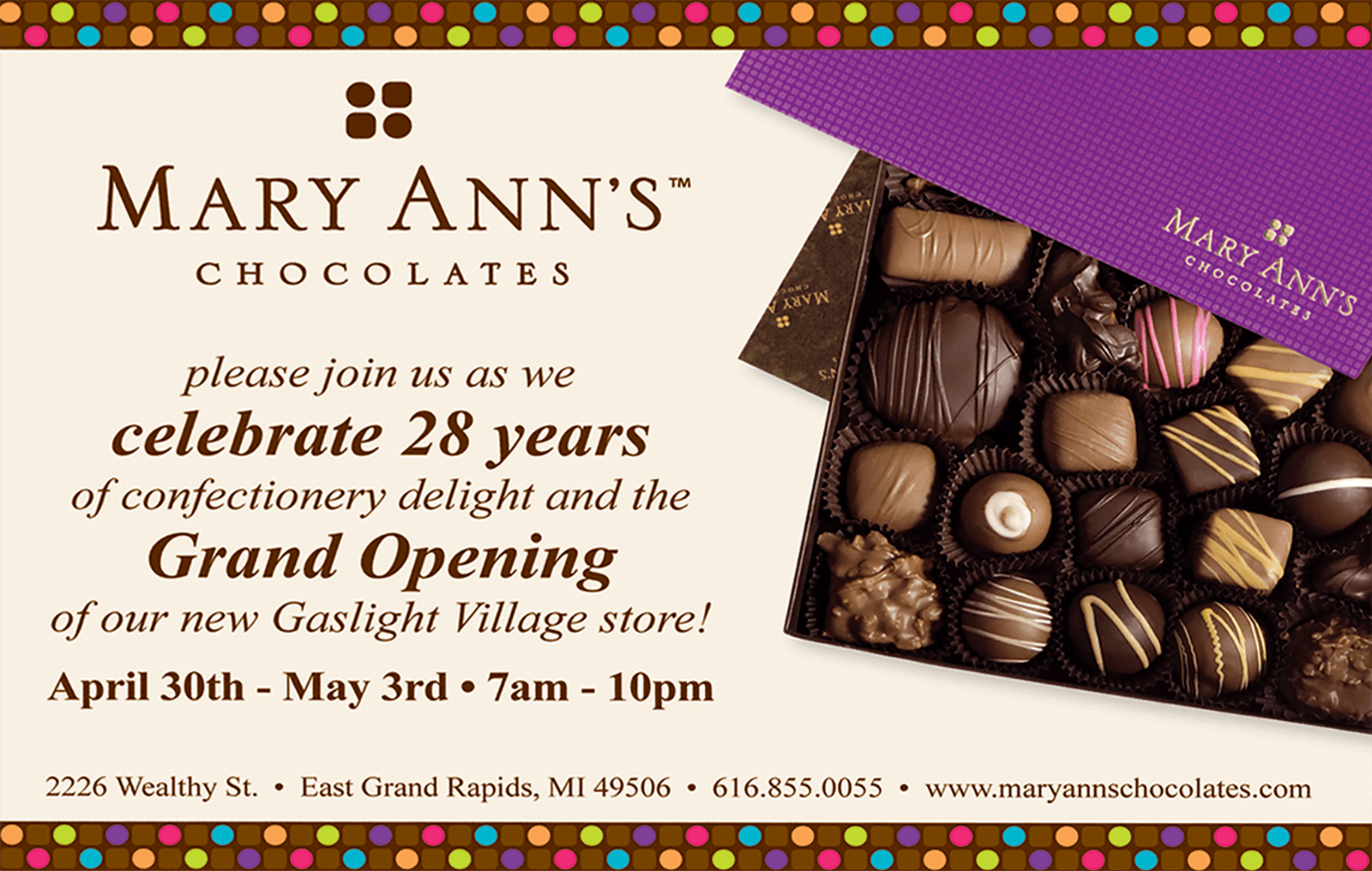 Mary Ann's Chocolates catalog spreads, product assortment, and retail display