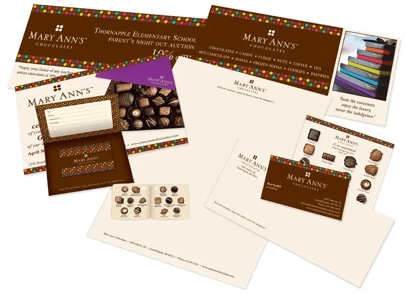 Mary Ann's Chocolates coordinated brand identity, stationery, packaging, and product materials
