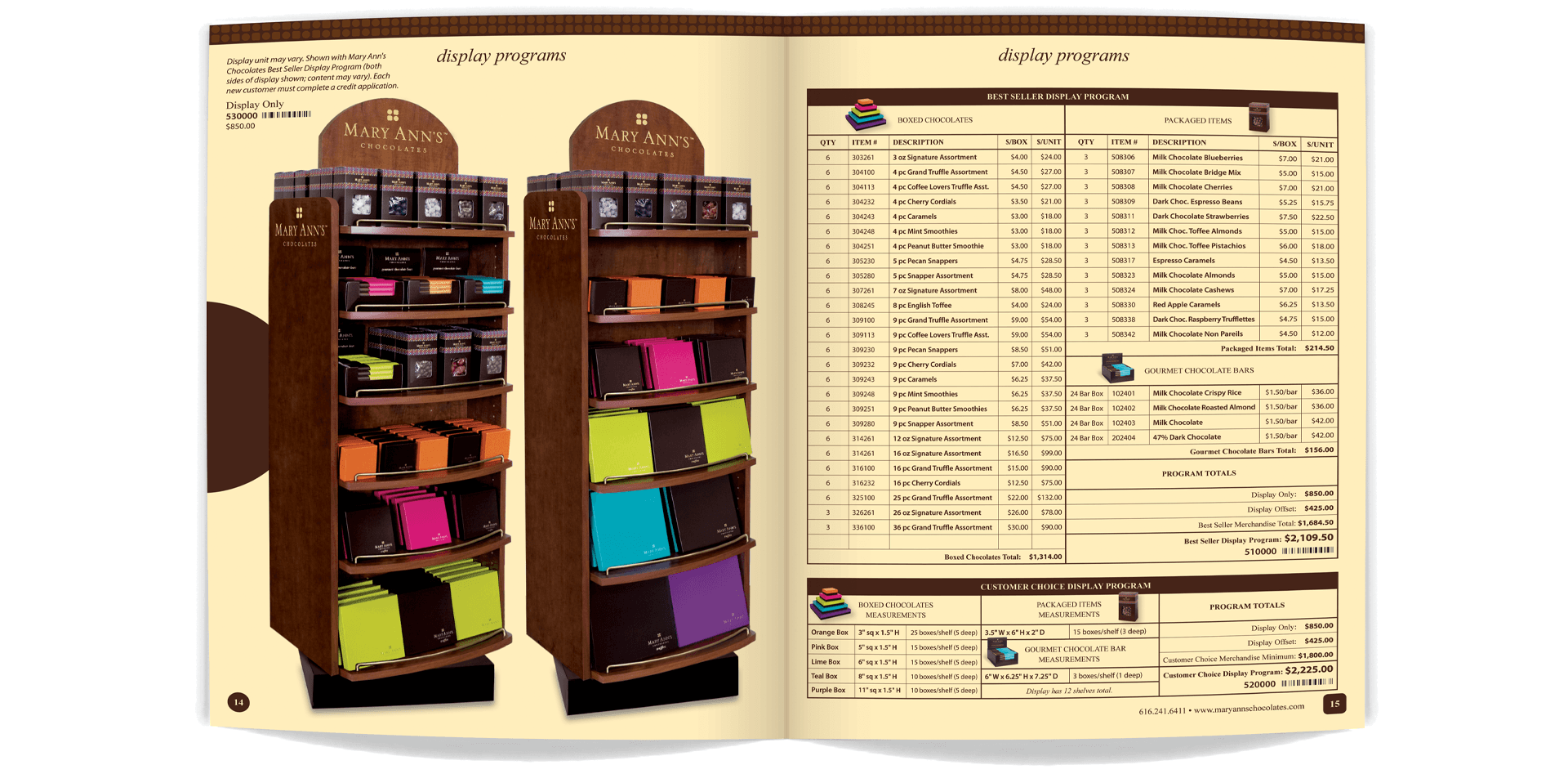 Mary Ann's Chocolates catalog featuring retail displays and product information